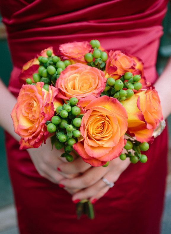 Cranberry Red brides maids bouquet with burnt orange bridesmaids bouquet
