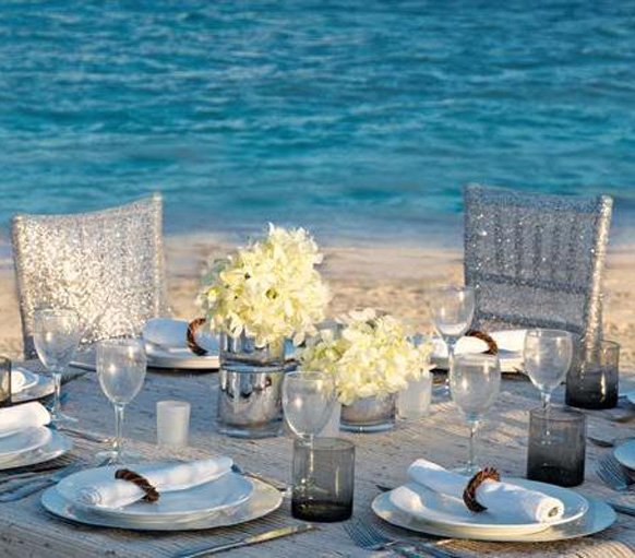 Silver Weddng Theme destination weddings beach reception table set up