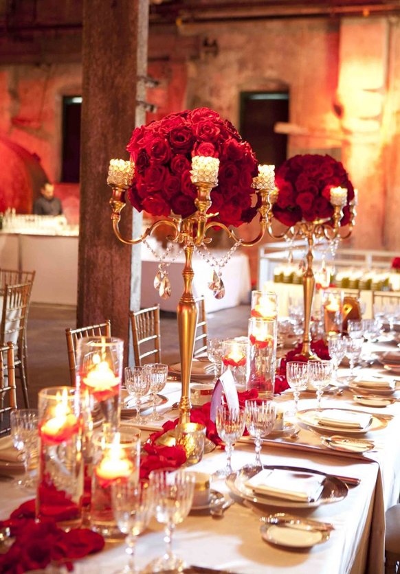 Stylish Red and Gold Wedding Reception Tablescapes