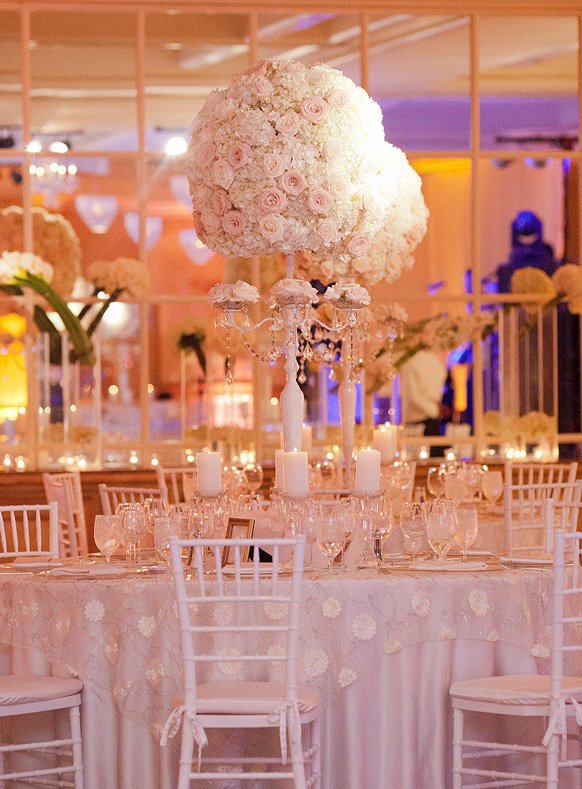 Stylish White Wedding Reception Tablescapes with Crystal ball