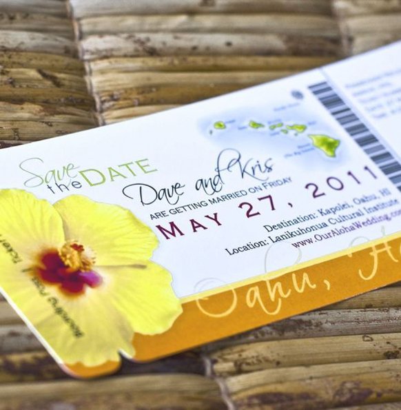 Stylish Save the Dates Destination wedding Tropical Boarding Pass invitations