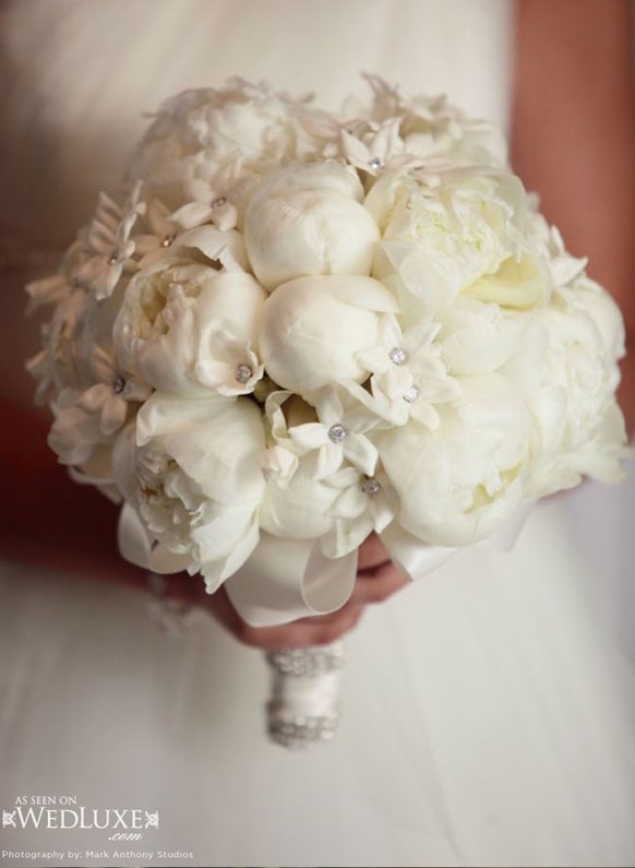 luxury white peonies and crystals wedding bouquet