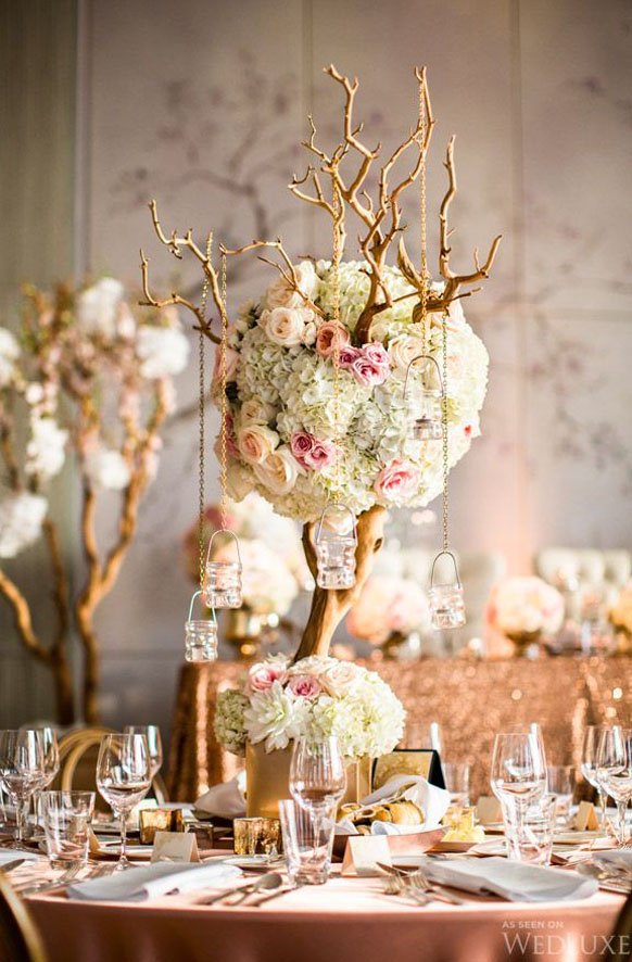 Tall Light pink Manzanita Branch with hanging candles wedding centerpiece idea