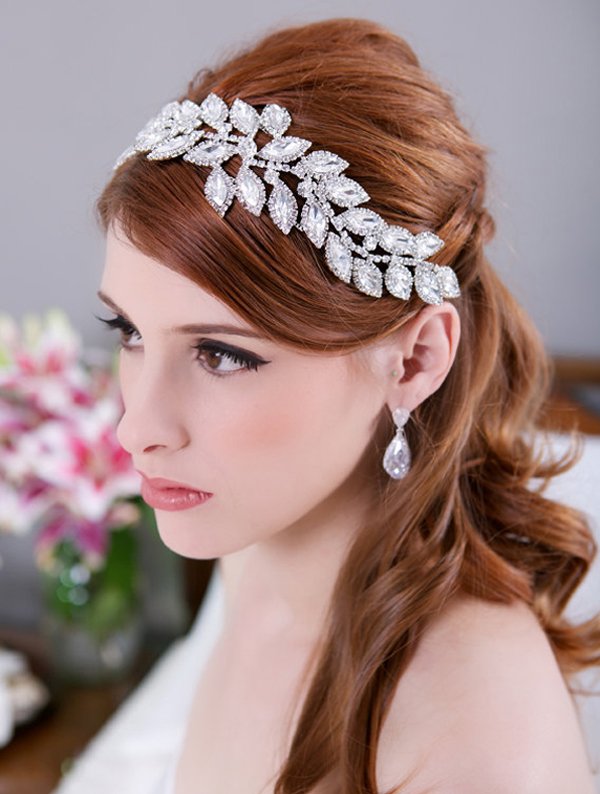 Glam Bridal Hair Accessories Beach Weddings Hair Style _Crystal Leaves Bridal Headpiece, Rhinestone Hair.