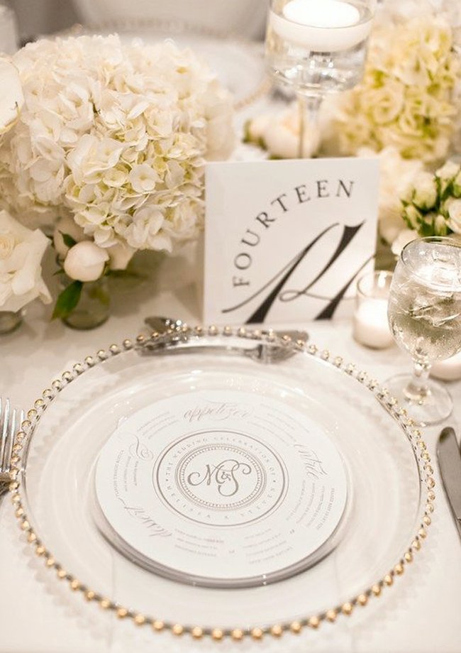 Elegant menu with clear beaded wedding charger