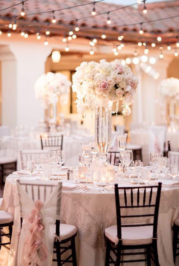 Rose Quartz Blush Pink outdoor Wedding Reception Decorations_Michael and Anna Costa Photography