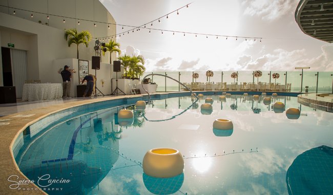 Stylish Beach Palace Sky Terrace Reception Pool Decorations by Weddings Romantique