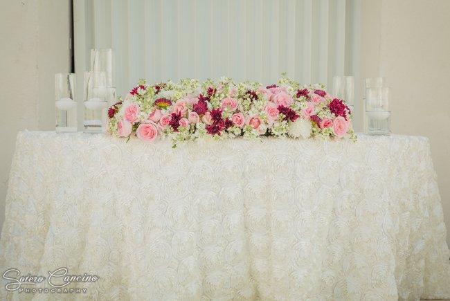 Stylish Beach Palace Wedding Blush Pink and ivory sweetheart table decorations